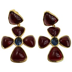 Chanel Vintage Goldtone Burgundy Gripoix Clover Drop Clip-On Earrings