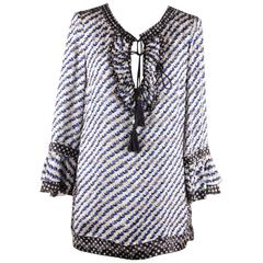 TORY BURCH Blue Silk Blend GWENNA TUNIC Blouse TOP w/ RUFFLES Size 2 6