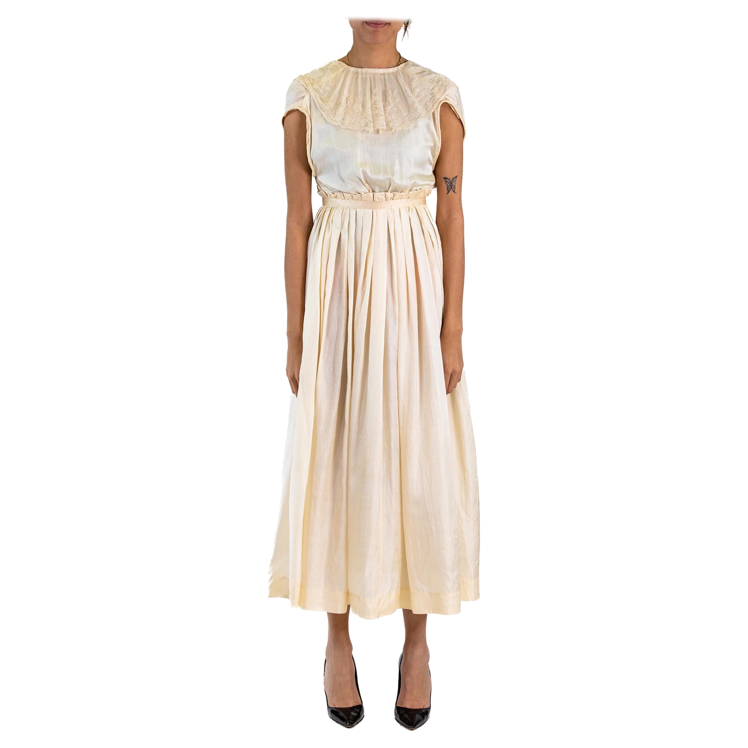 Edwardian Cream Silk Antique Lace Empire Waist Dress For Sale