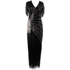 OLEG CASSINI Vintage Black BEADED EVENING Trophy MAXI DRESS w/ Fringes 4