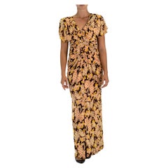 1940S Brown & Yellow Rayon Blend Jersey Butterfly Novelty Print Gown
