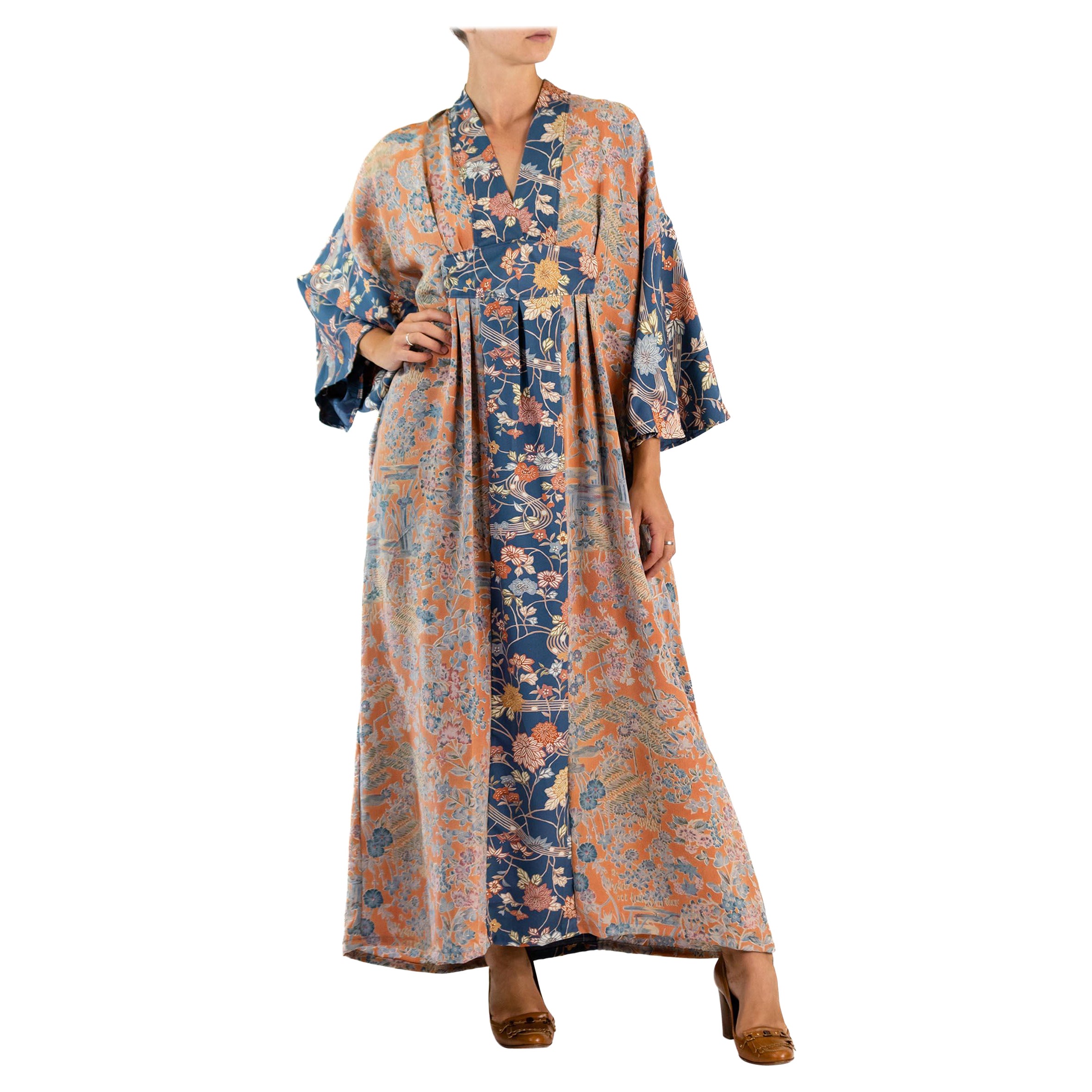 MORPHEW COLLECTION Light Orange Japanese Kimono Silk Navy Blue Trim Kaftan For Sale