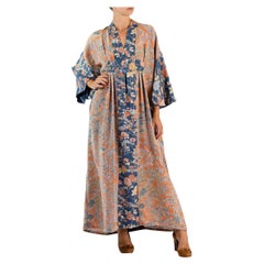 MORPHEW COLLECTION Light Orange Japanese Kimono Silk Navy Blue Trim Kaftan