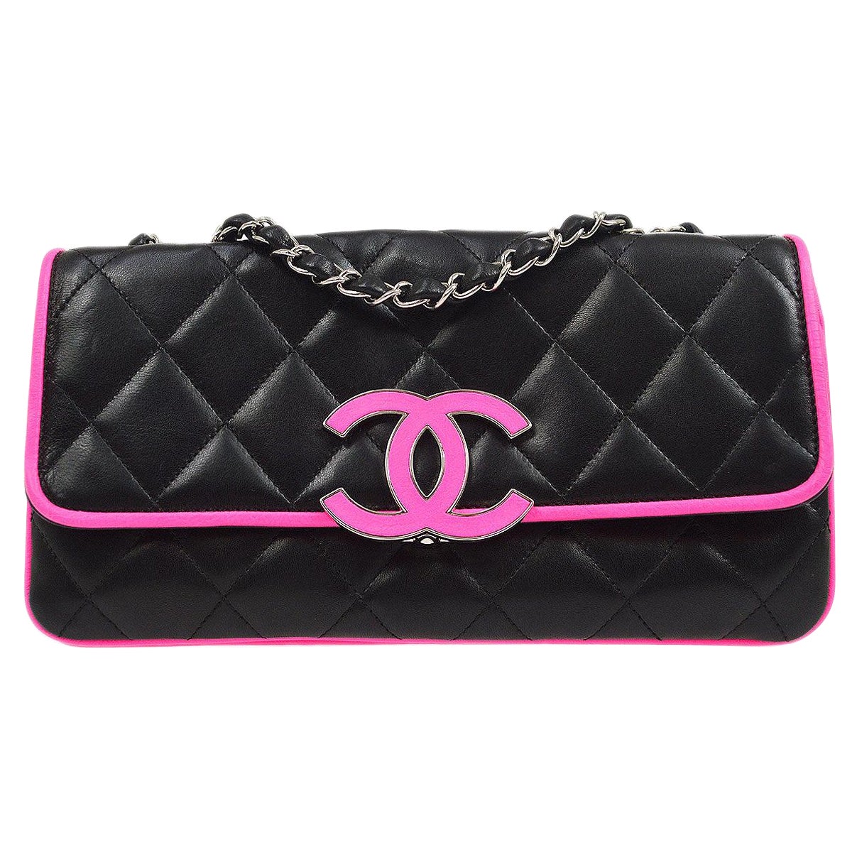 CHANEL Black Pink CC Trim Silver Large Shoulder Flap Bag