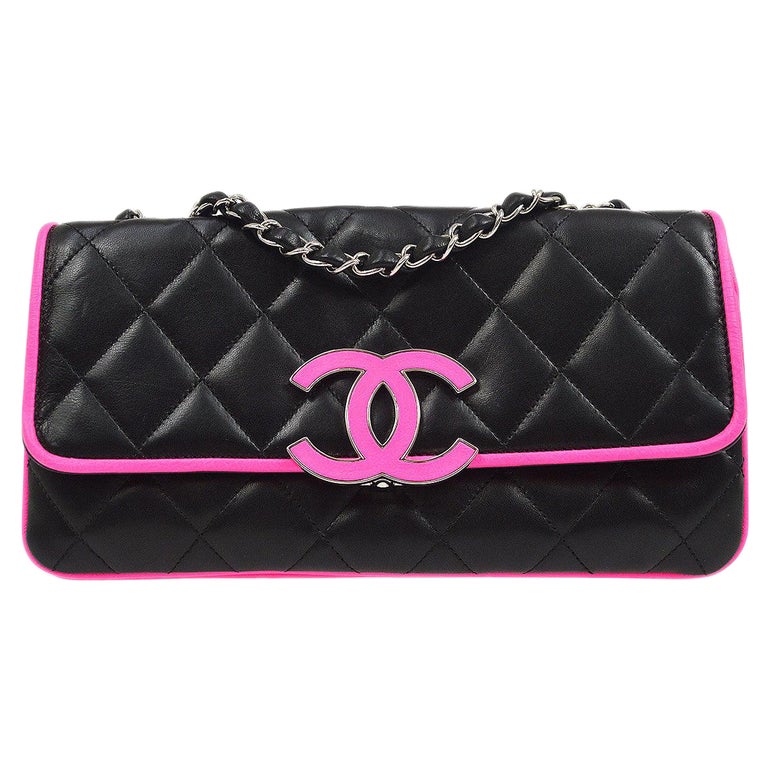 CHANEL Black Pink CC Trim Silver Large Shoulder Flap Bag For Sale