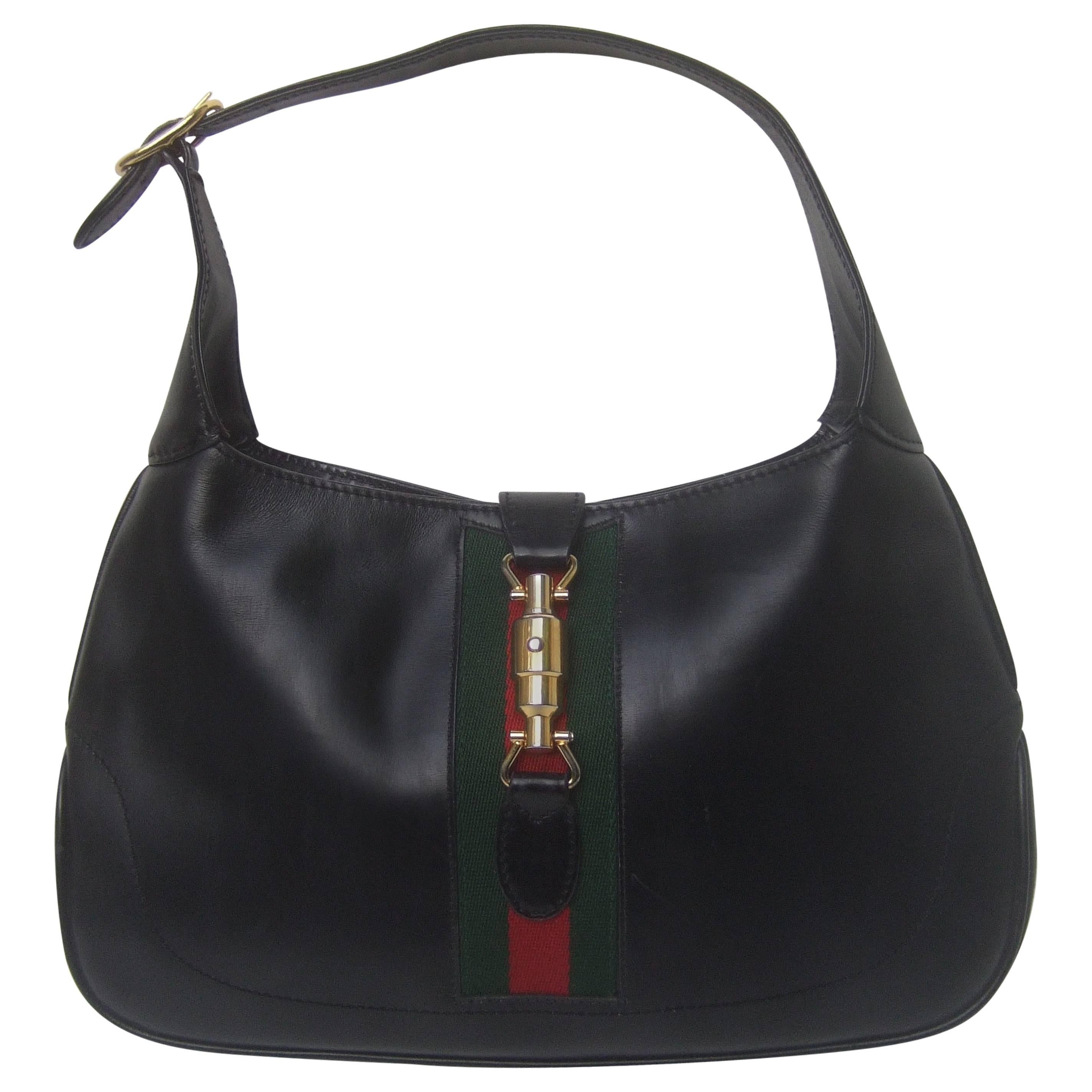 Gucci Italy Iconic Ebony Leather Jackie O Piston Handbag c 1970s
