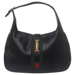 Vintage Gucci Italy Iconic Ebony Leather Jackie O Piston Handbag c 1970s