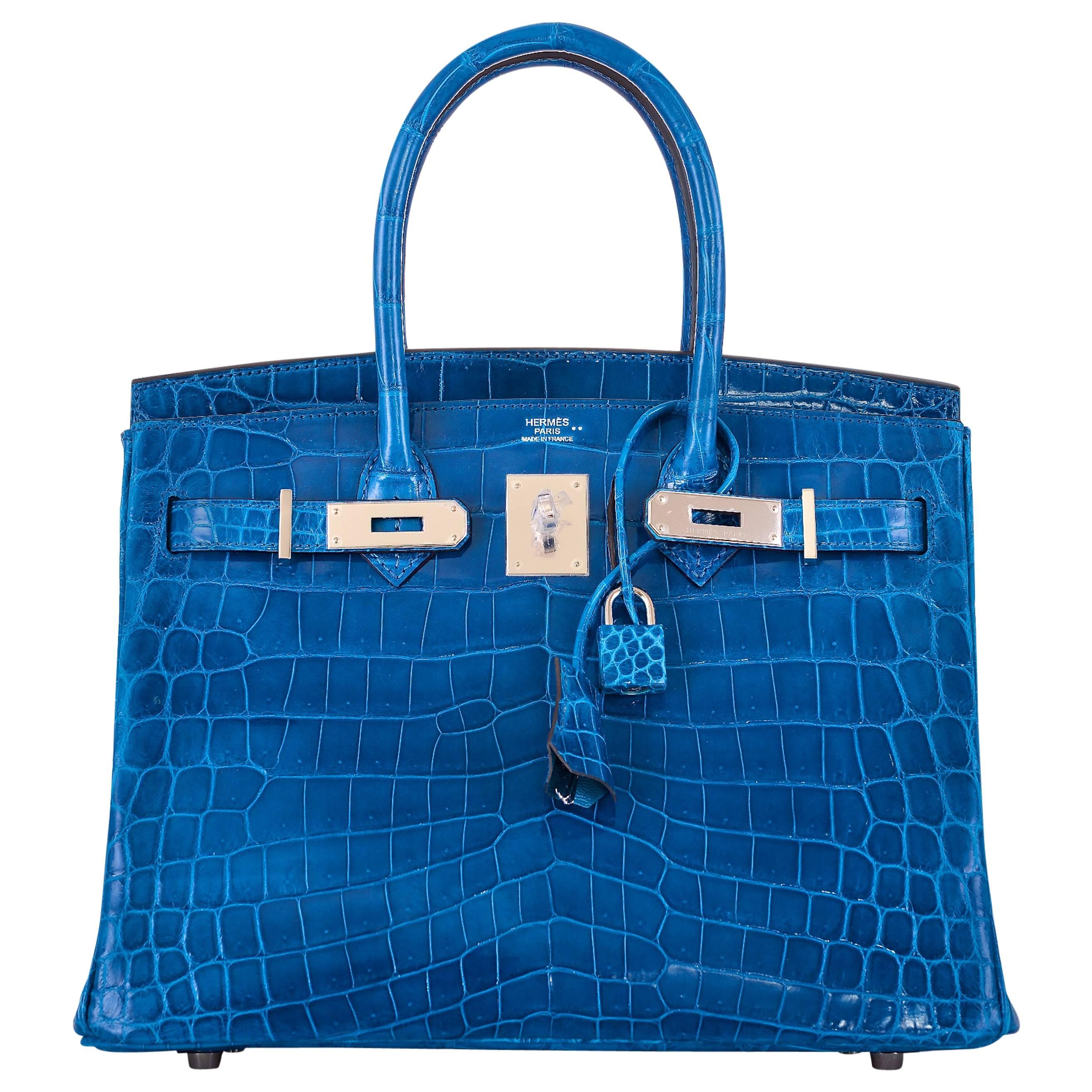 Hermes Birkin Bag 30cm Blue Izmir Nilo Crocodile Palladium Hardware! JaneFinds