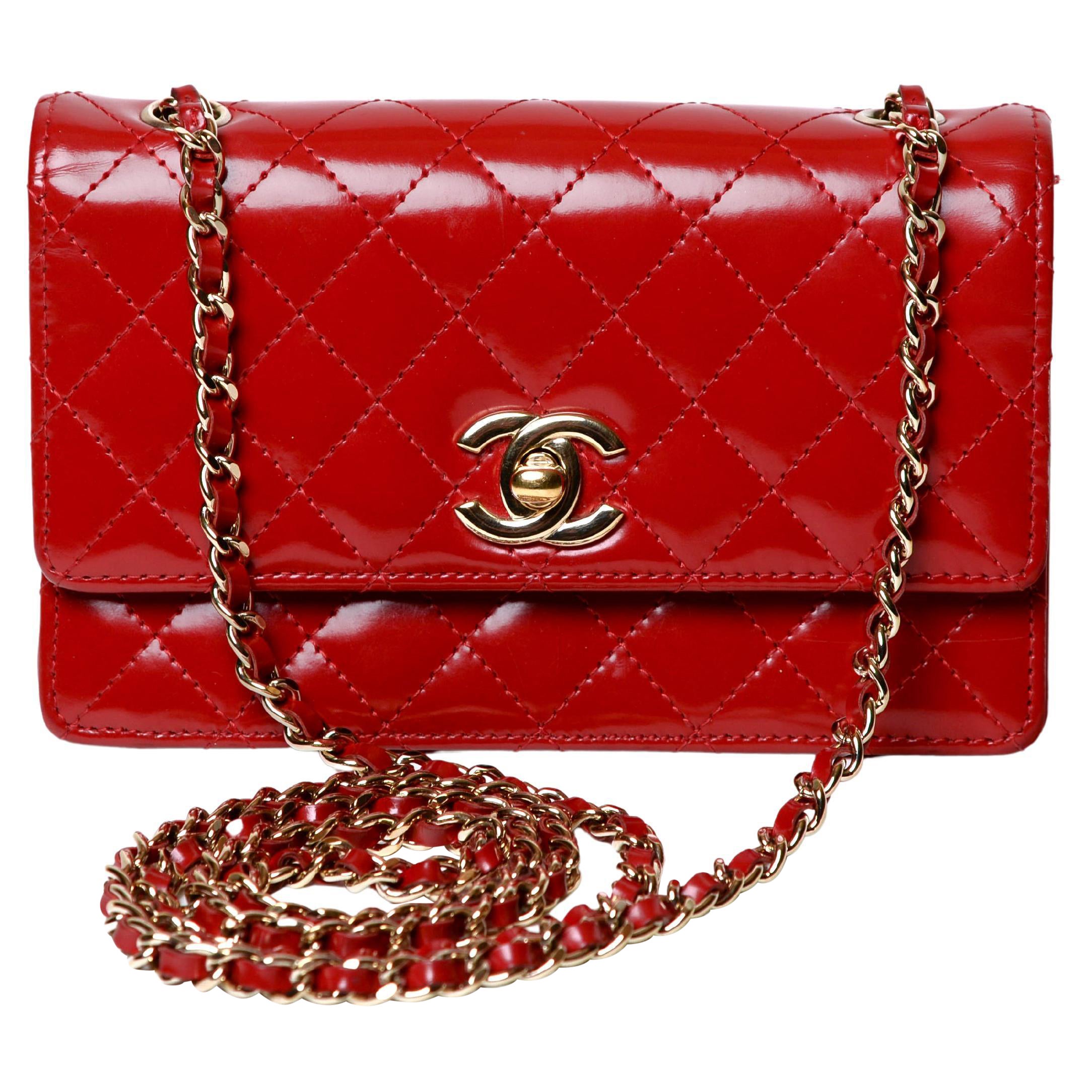 Chanel Classic Red Mini Flap Bag Patent Leather For Sale