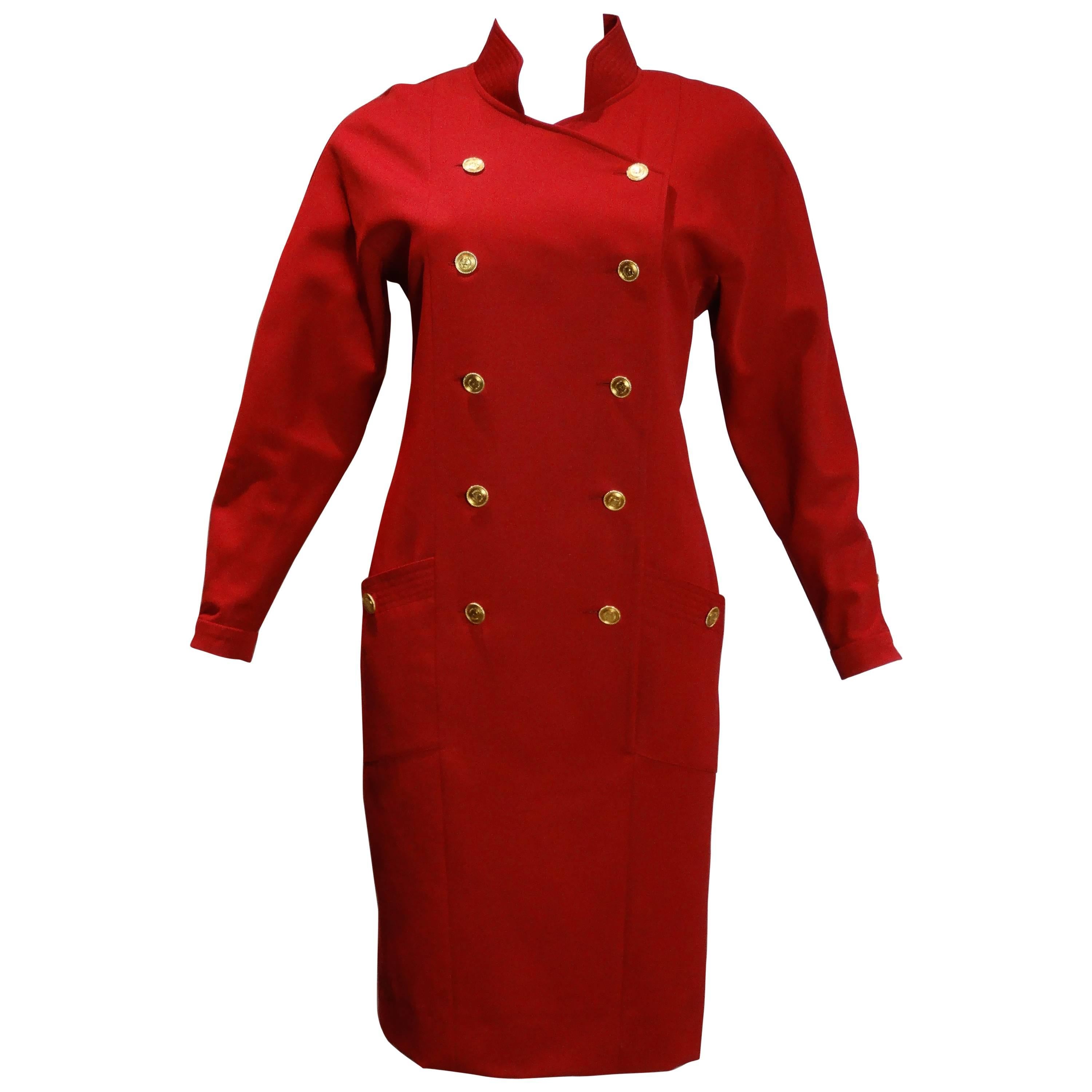 1980s Chanel Red Dress with Coco Buttons 