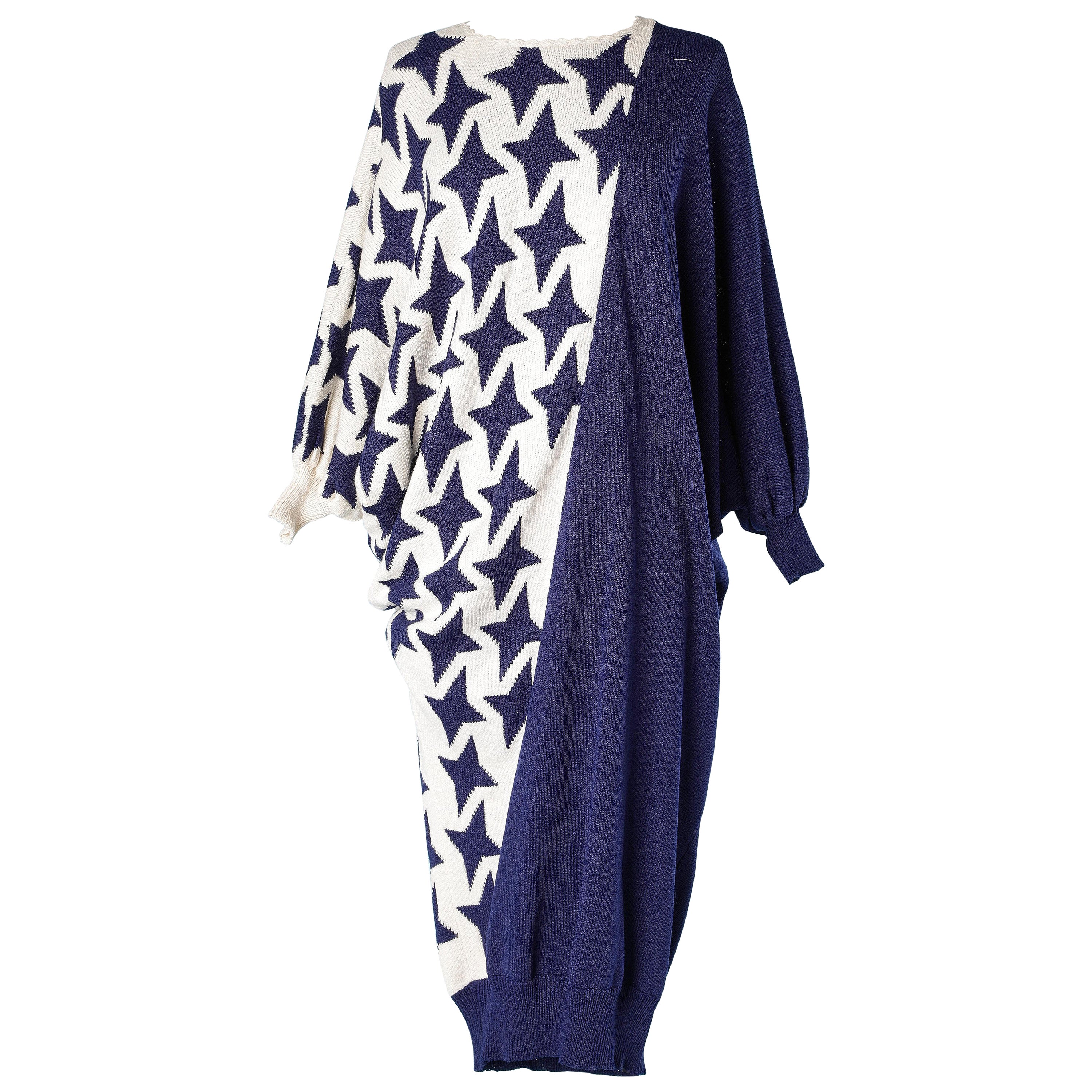 Asymmetrical Knit dress with blue stars jacquard Circa 1980's  For Sale
