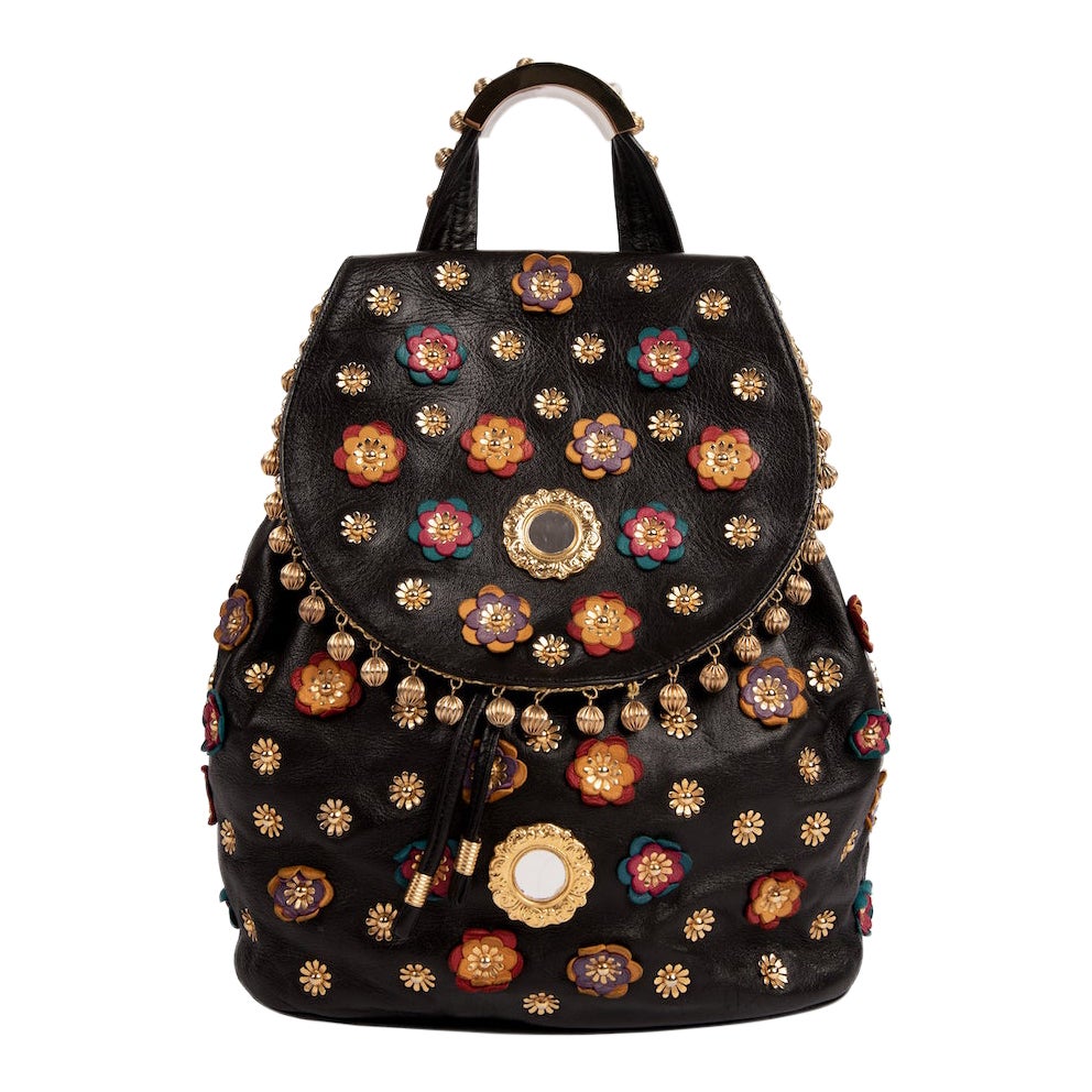S/S 1991 MOSCHINO Redwall Documented Black Blossoms Appliquéd Leather Backpack