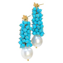 Sleeping Beauty Turquoise and South Sea Pearl Earrings in 14K Solid Yellow Gold