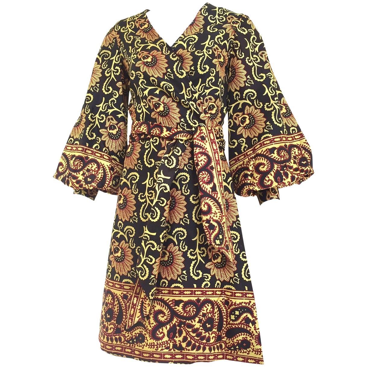 1960s Multi Color Botanical Print Rayon Wrap Dress with Dramatic Sleeves