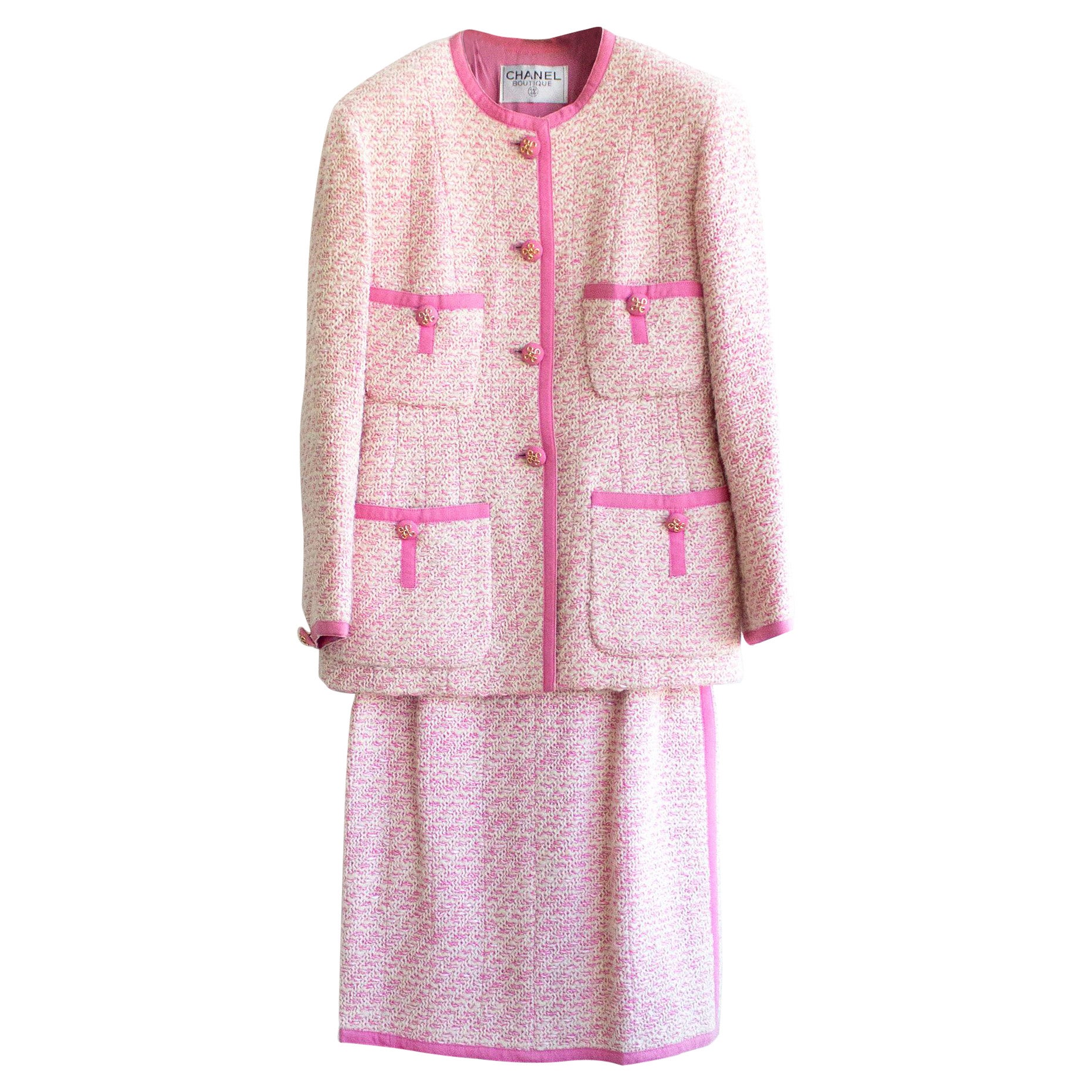 Chanel Vintage Spring 1991 Linda Pink  Ecru Fantasy Tweed Jacket Skirt Suit