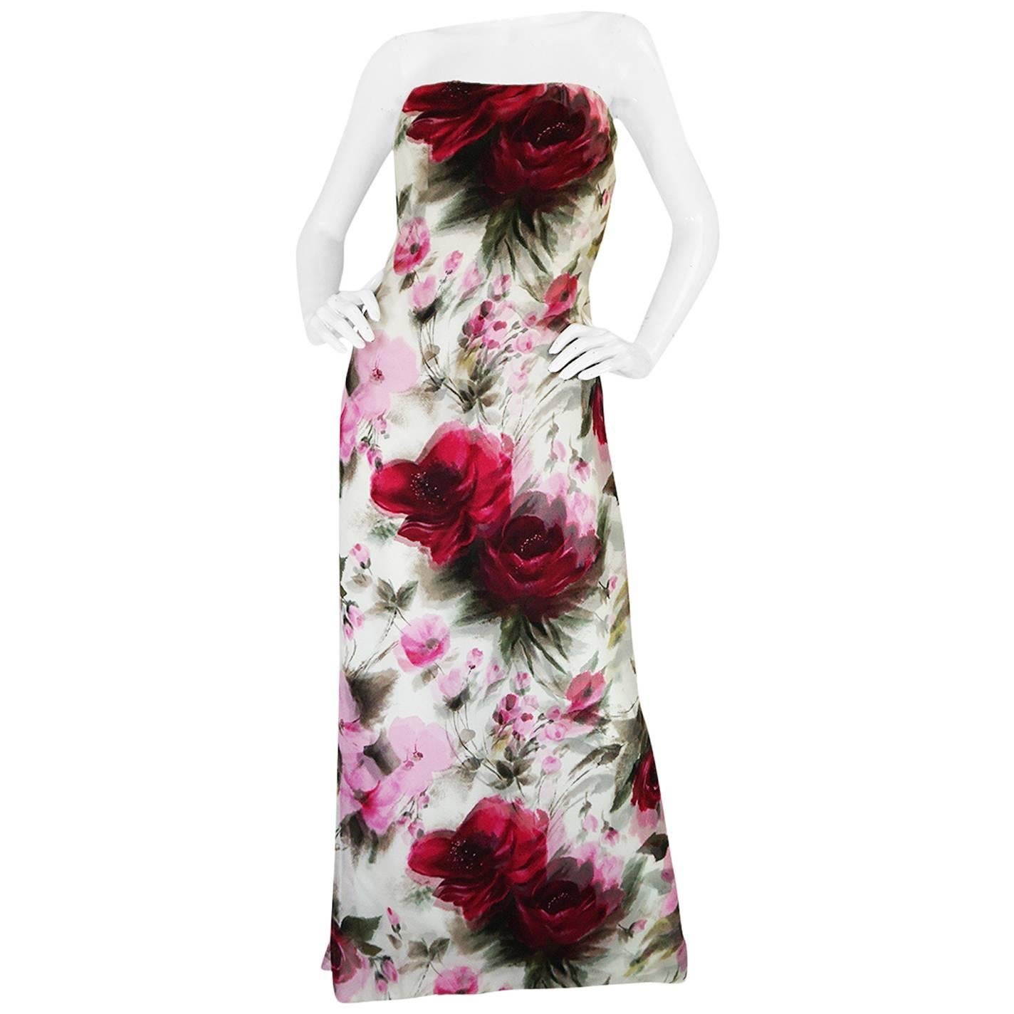 1950s Strapless Floral Silk Chiffon Helena Barbieri Dress