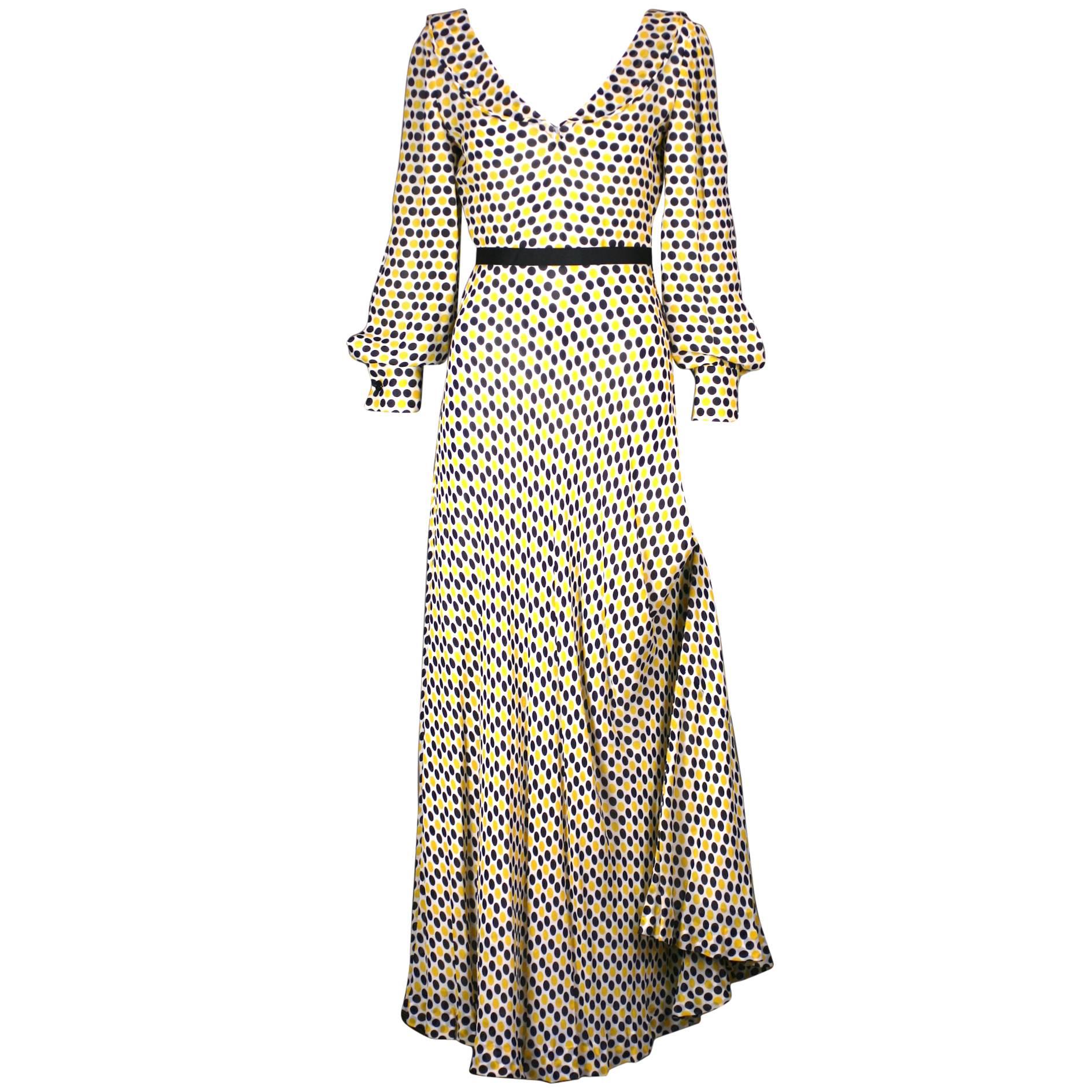 Galanos Yellow and Black Polka Dot Crepe Gown For Sale