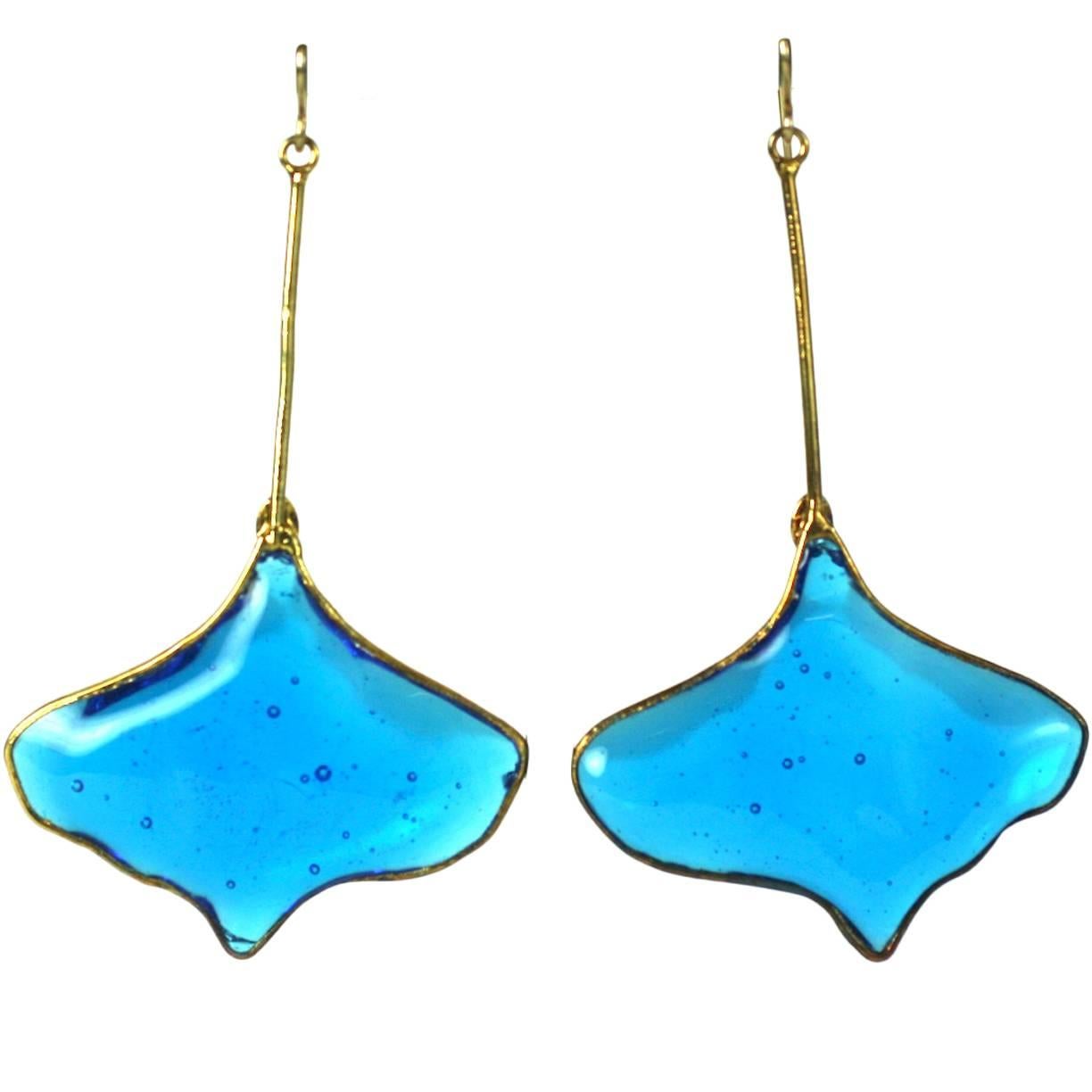 MWLC Sapphire Poured Glass Gingko Earrings For Sale