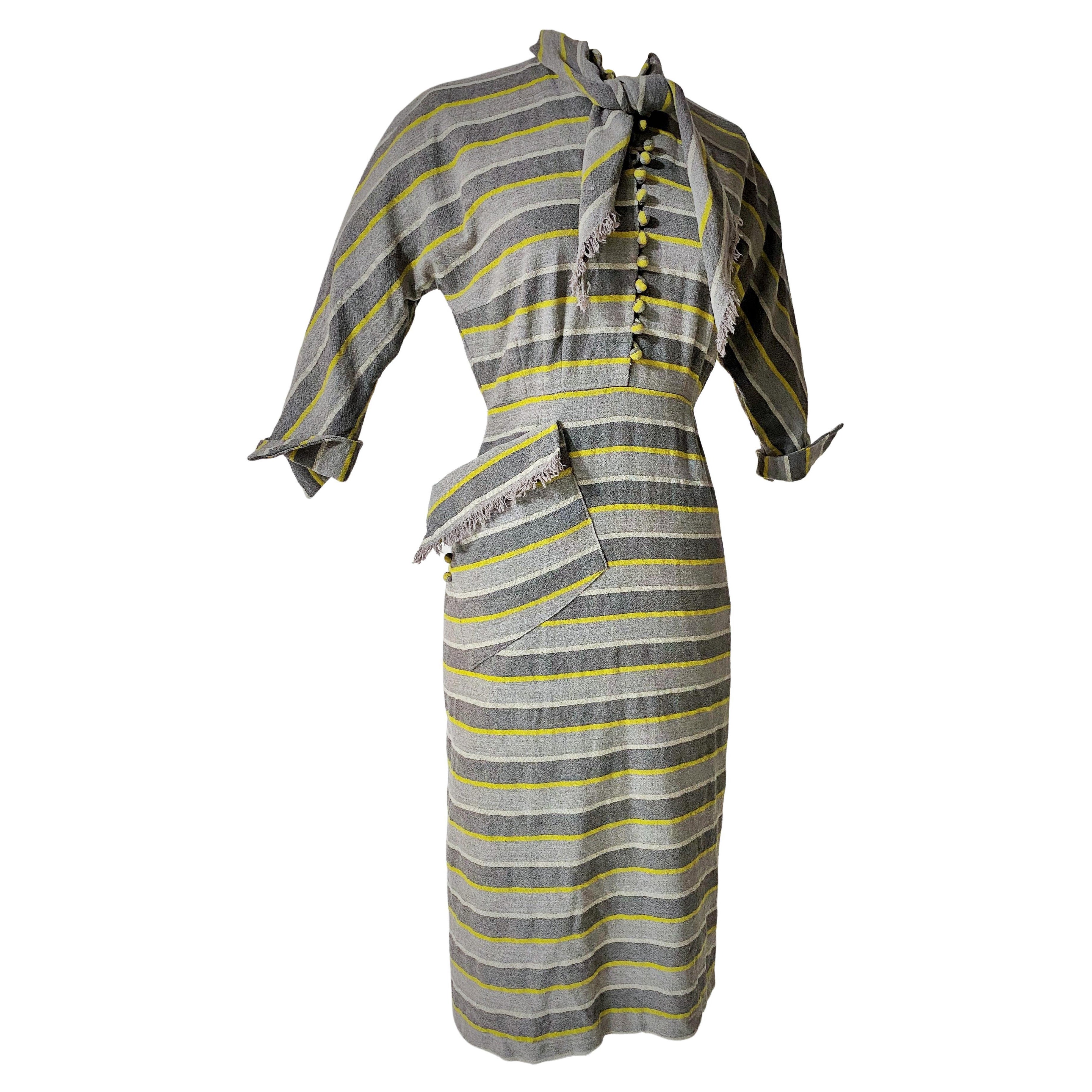 Grey and yellow striped wool day dress - France Circa 1945 For Sale