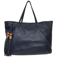GUCCI Black Navy Leather Bamboo Tassel Tote 