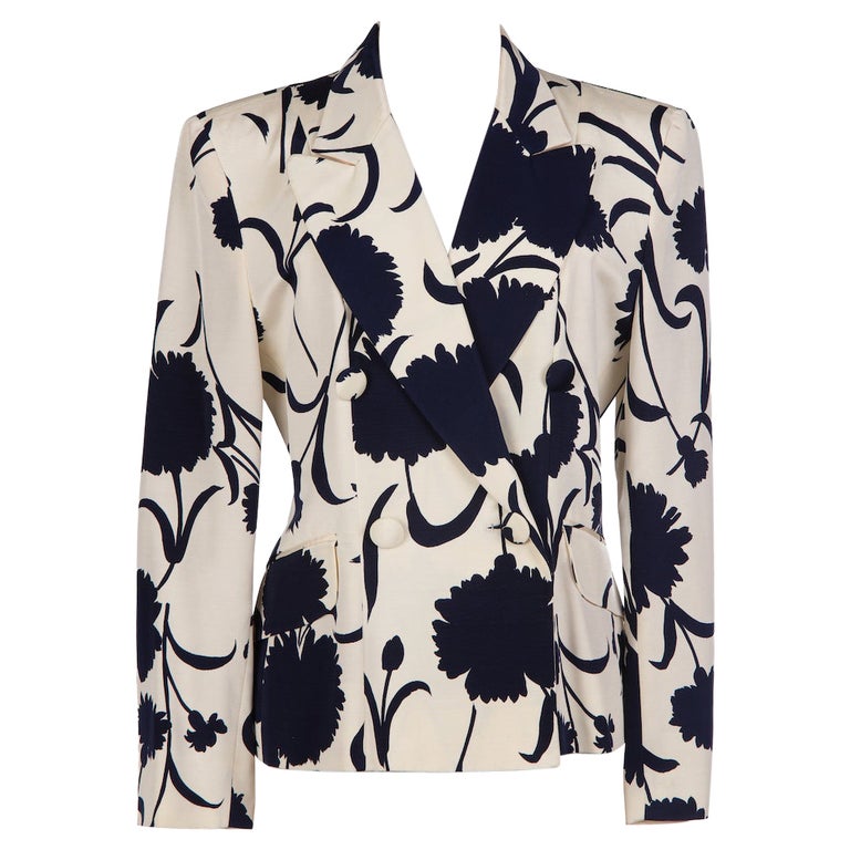 MOSCHINO Cream-White & Blue Floral Print Jacket with Red Lining, 1980s/1990s