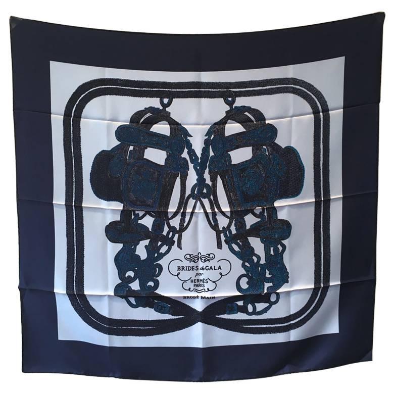 Hermes New Brides de Gala Brodé Main Blue Silk Scarf