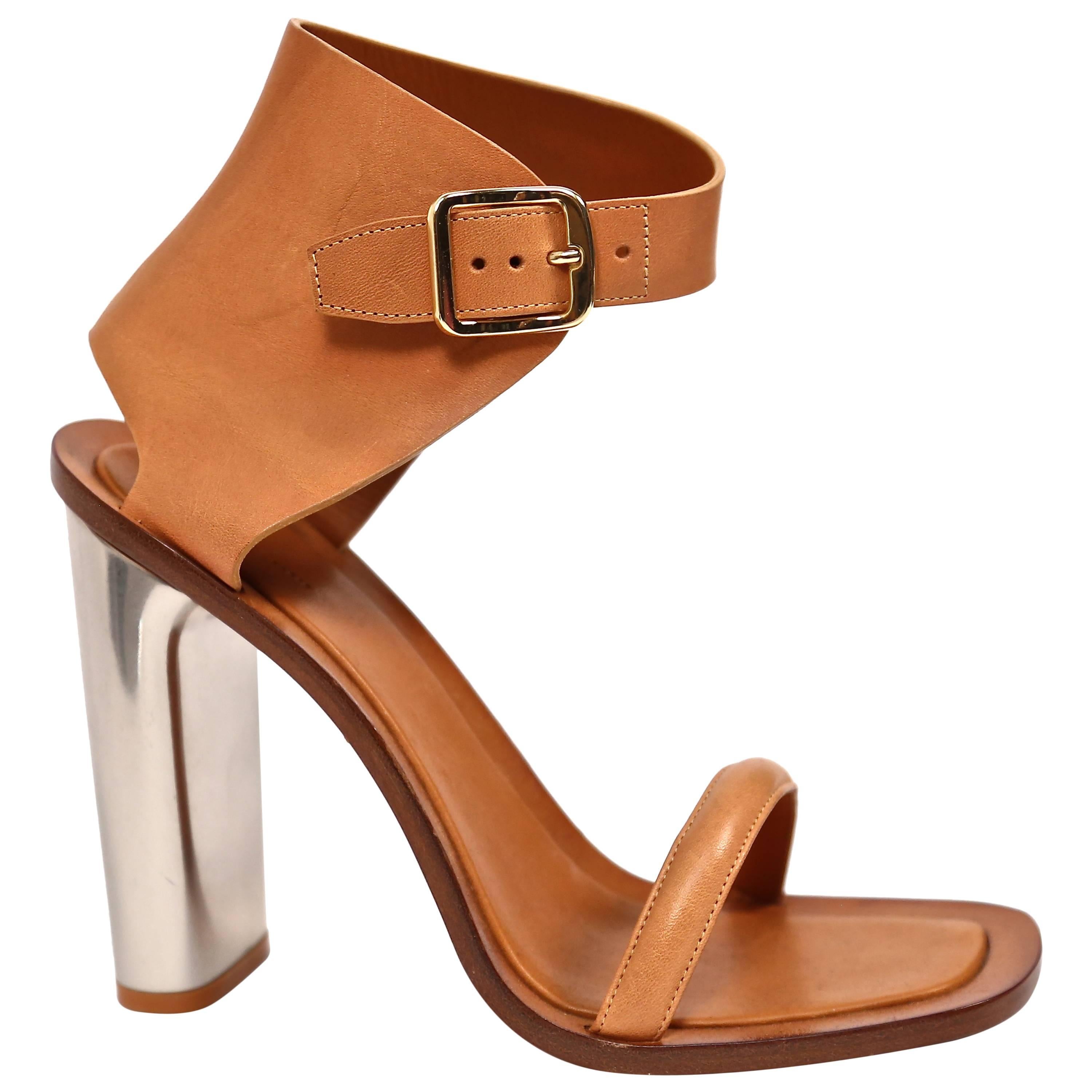 unworn CELINE tan leather bam bam sandals with metal heels 40.5 