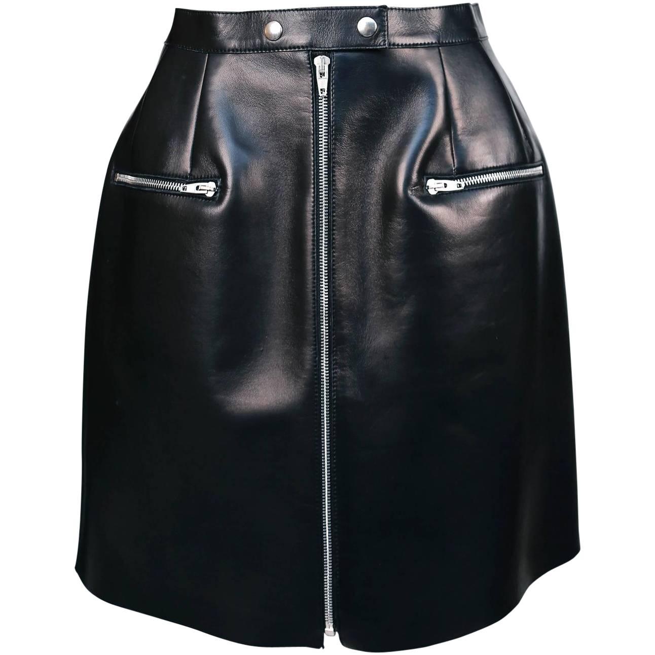 unworn CELINE black leather skirt with sliver zipper