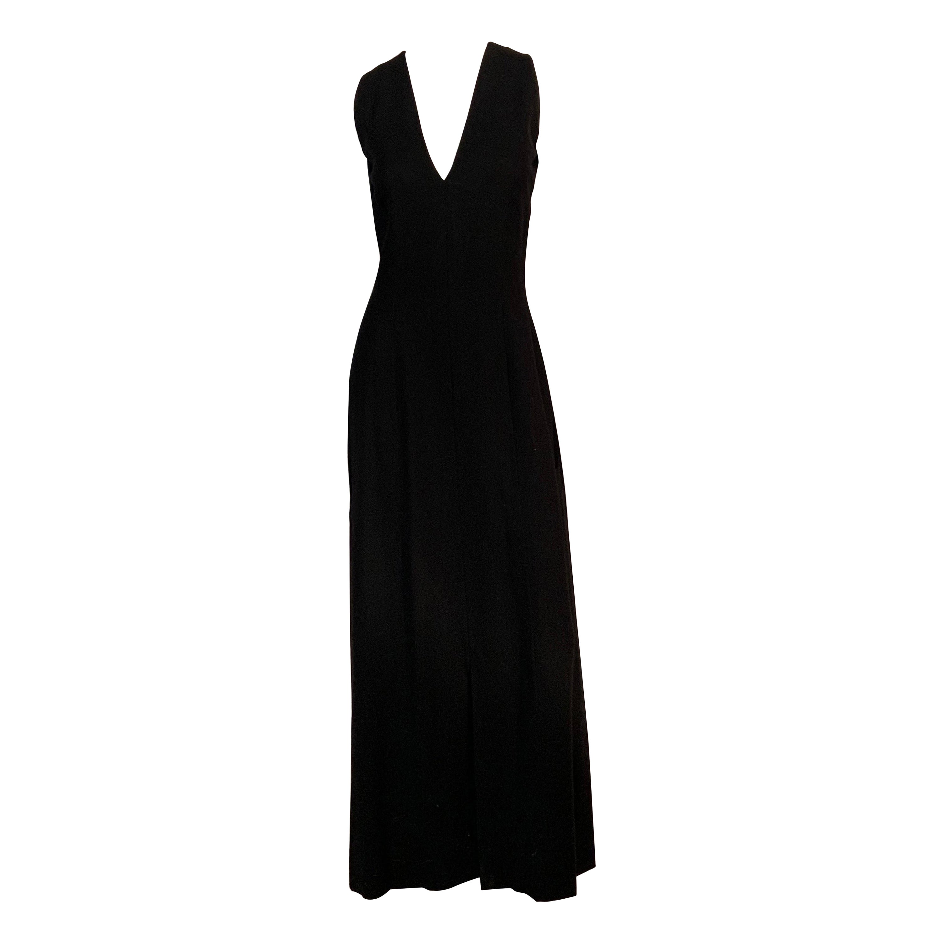 1970's Pauline Trigere Black Wool Crepe Dress with Low Cut Neckline For Sale