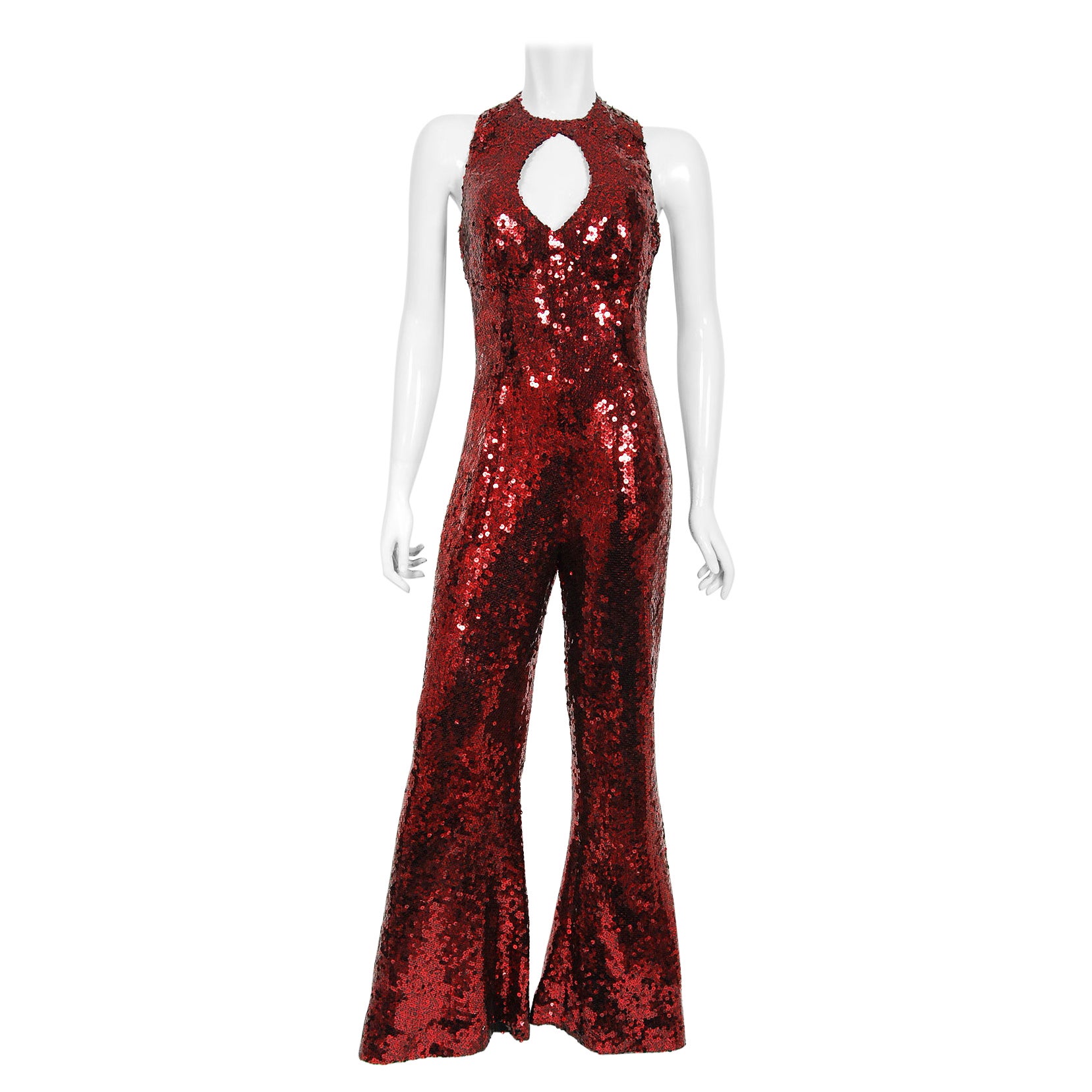 Vintage 1970s Liza Minnell Owned Red Sequin Stretch Knit Key-Hole Disco Jumpsuit