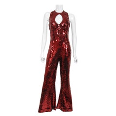 Retro 1970s Liza Minnell Owned Red Sequin Stretch Knit Key-Hole Disco Jumpsuit
