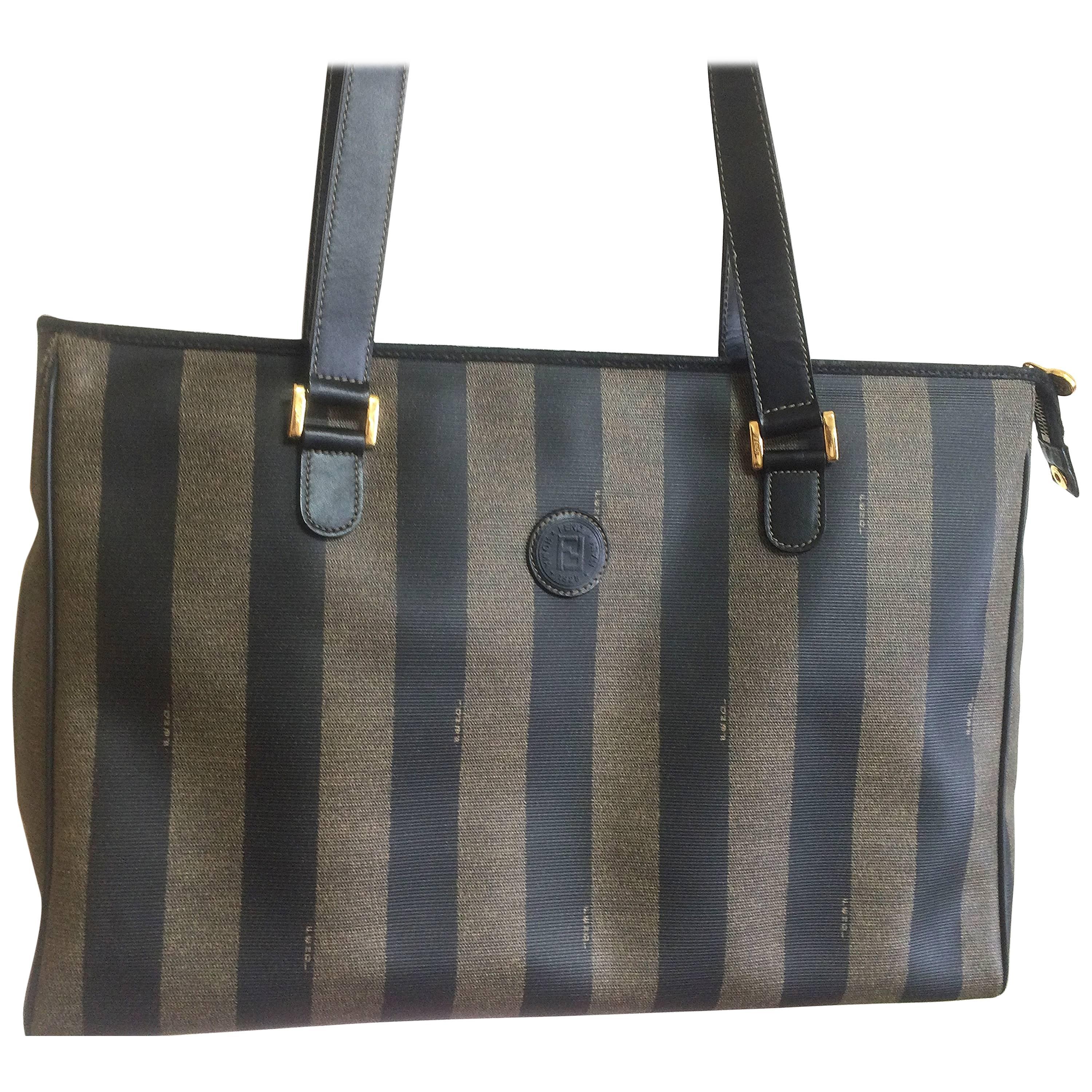 Vintage FENDI classic pecan stripe pattern shopper tote bag with black leather.