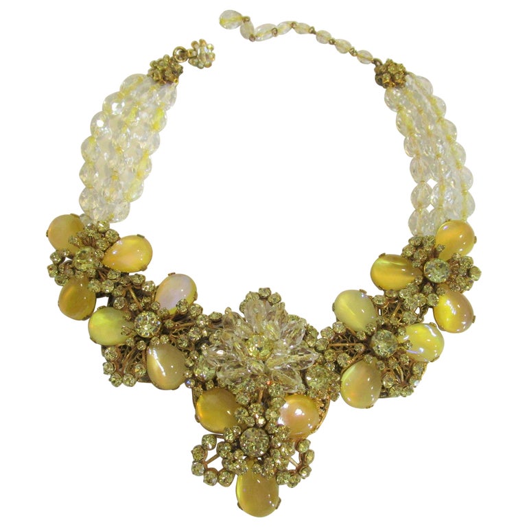 MIRIAM HASKELL Necklace Glass Beads Rhinestones Russian Gold Yellow SIGNED For Sale
