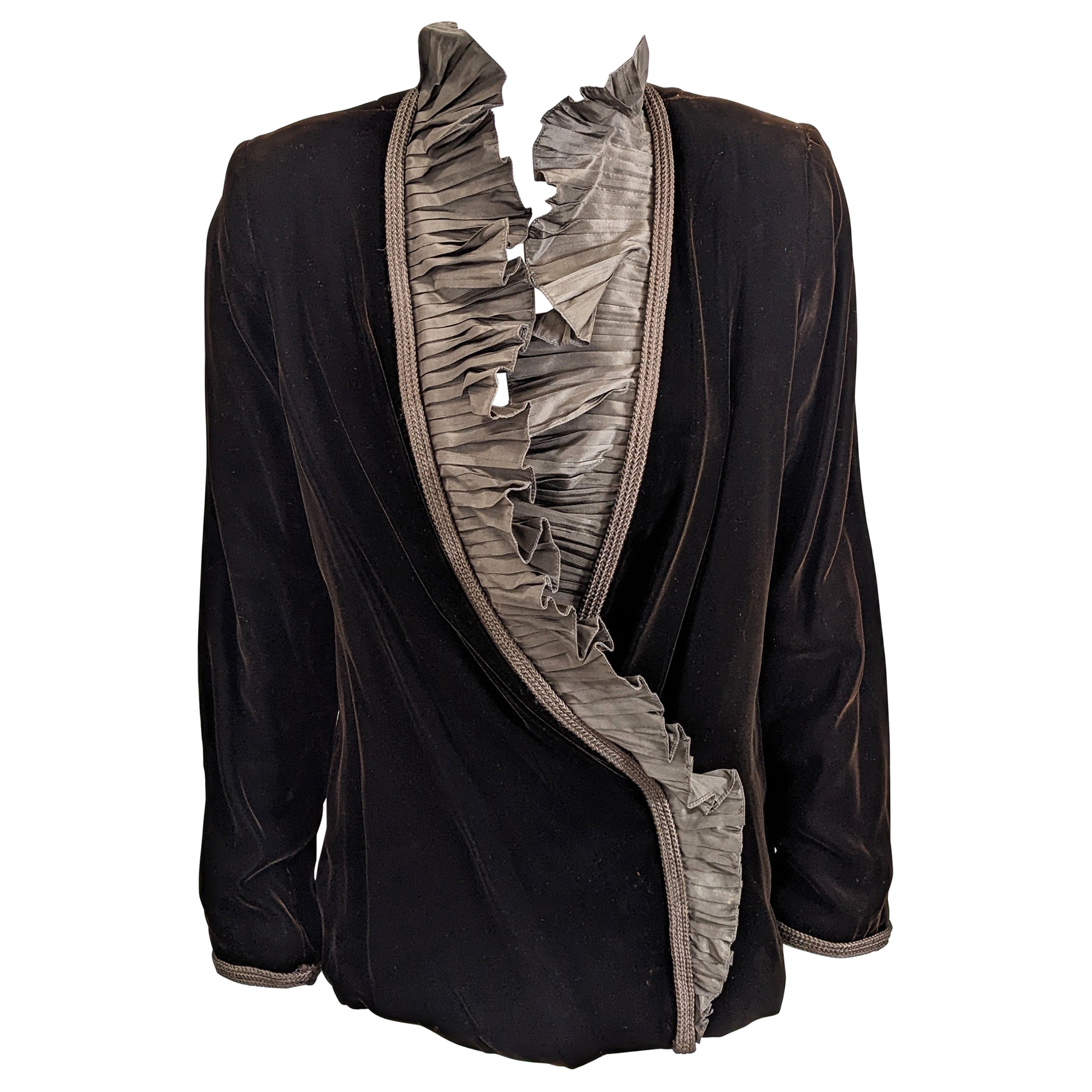 Elegant Silk Taffeta Ruffled Velvet Jacket For Sale