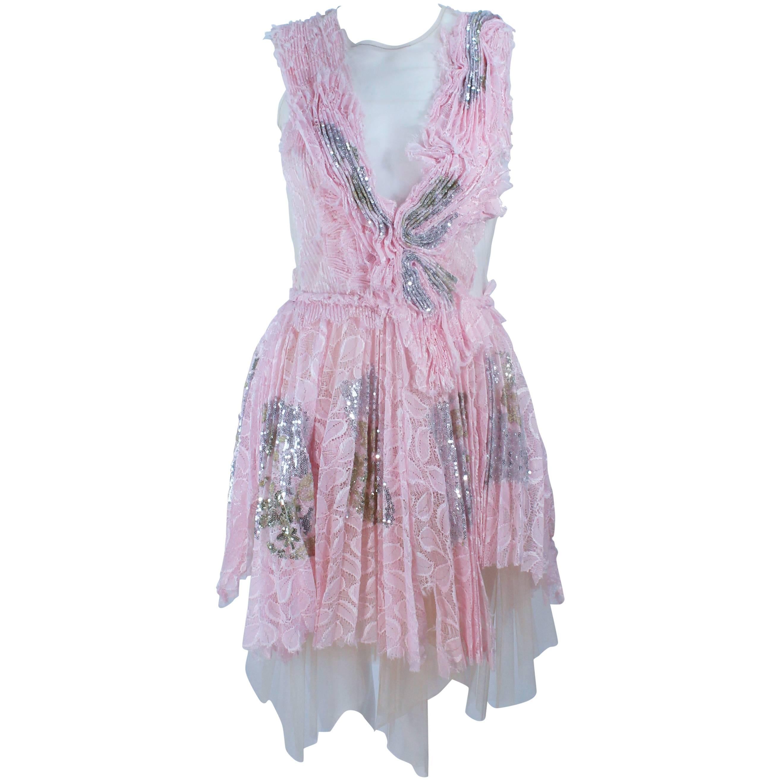 MORALES Sheer Pink Applique Cocktail Dress with Sequins Size 2 For Sale