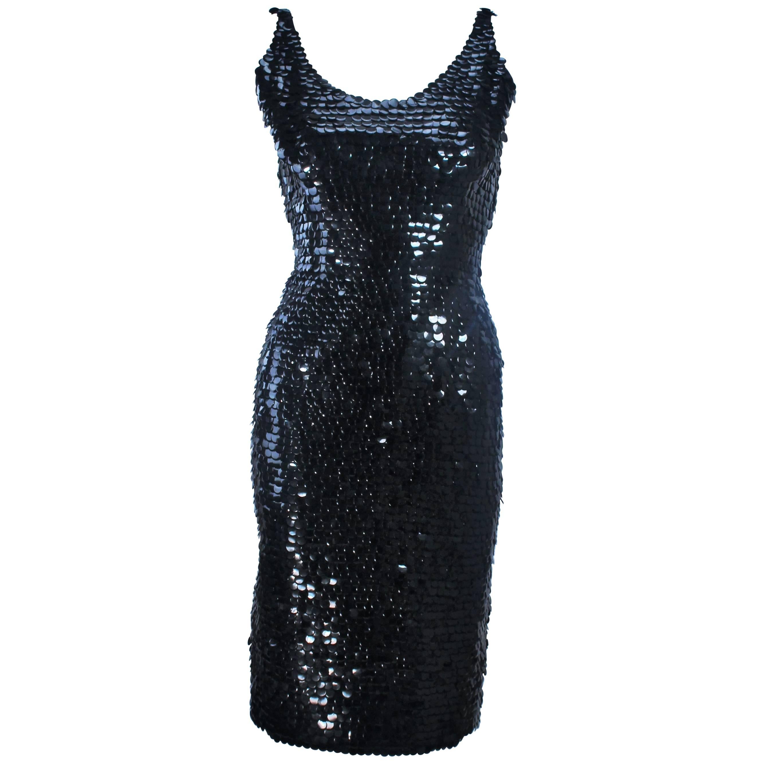 1960s Black Plastic Sequin Cocktail Dress Size 6 For Sale