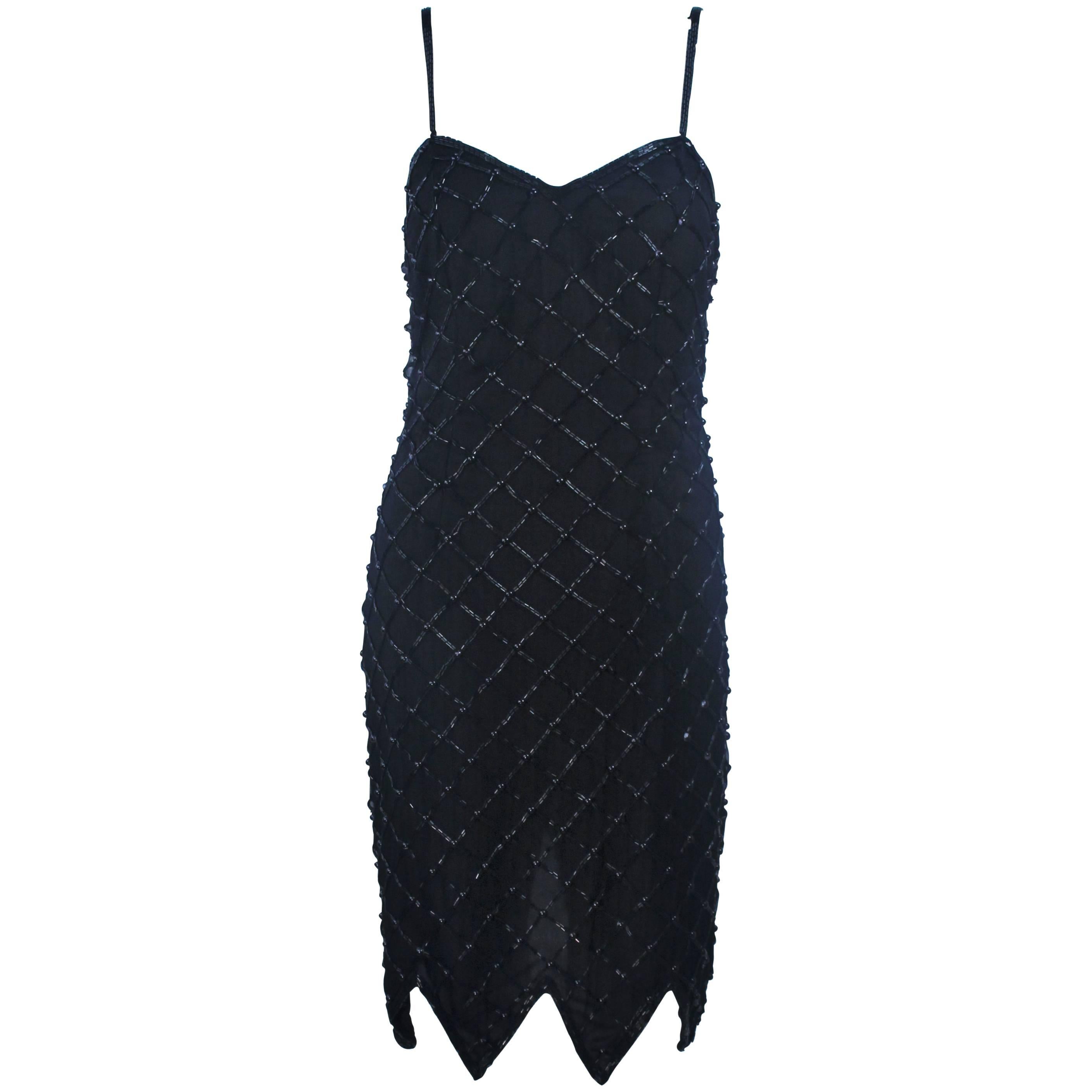 Black Beaded Cocktail Dress with Scalloped Hem Size M For Sale