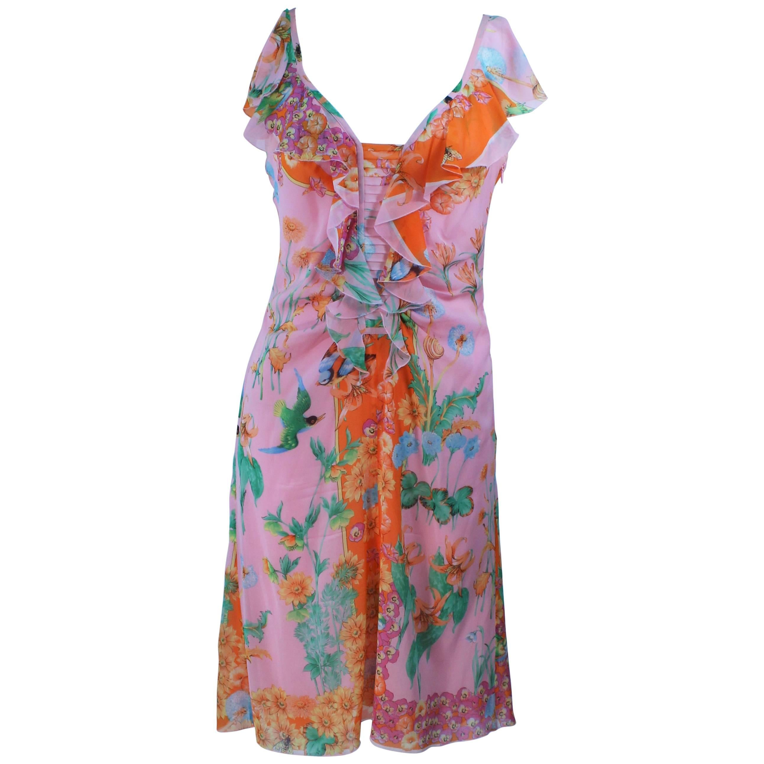 VERSACE Stretch Ruffled Silk Dress with Floral Print Size 42