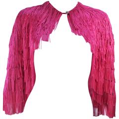 ELIZABETH GILLET NYC Pink Fringe Cape with Faceted Iridescent Button OS 5