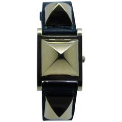 Hermes Medor Gold Plated Watch with Green Lizard Band