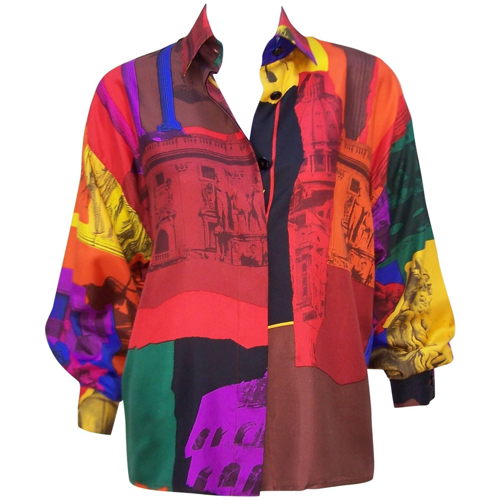 C.1980 Colorful Genny Pop Art Style Silk Blouse