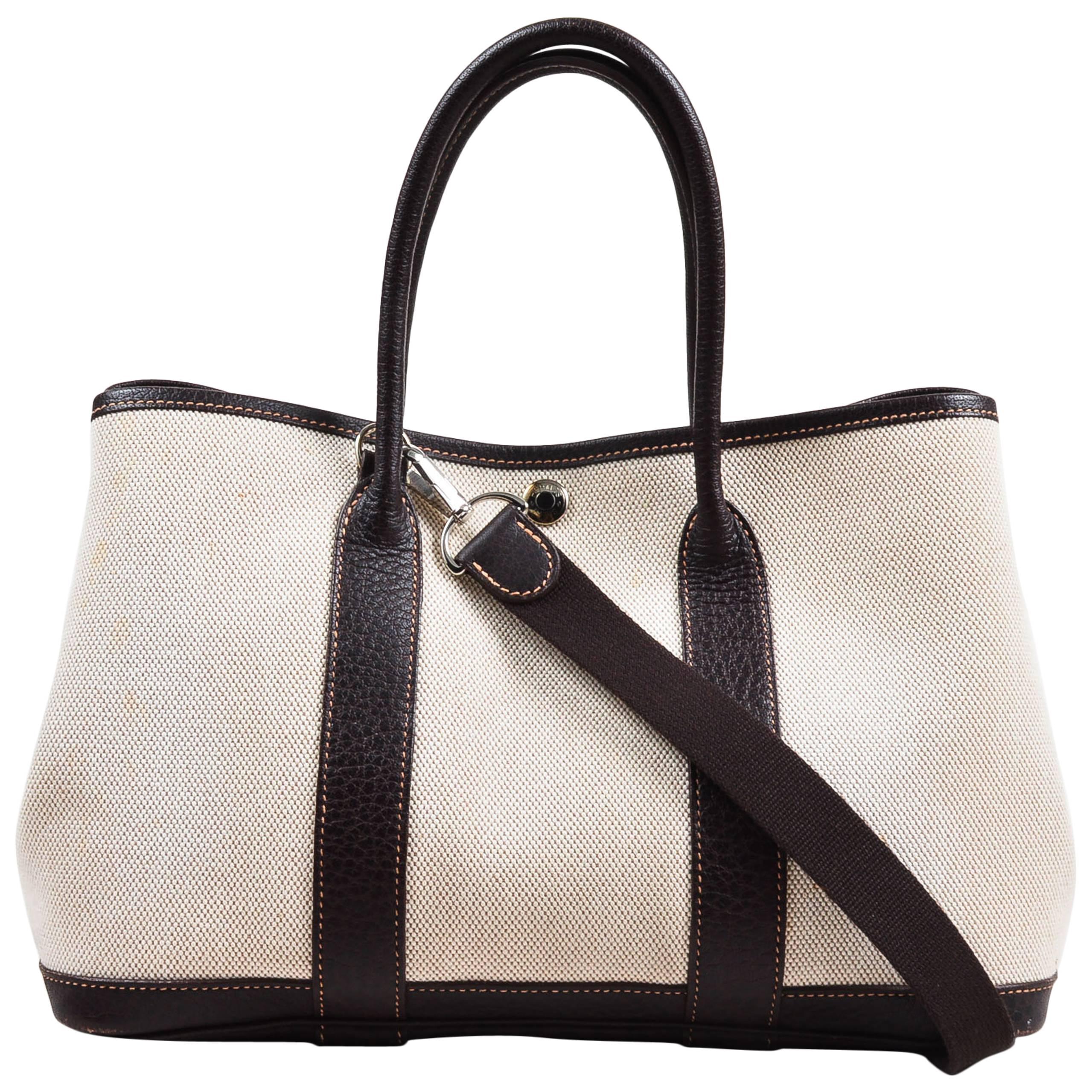 Hermes Dark Brown & White Toile & Buffalo Leather TPM "Garden Party" Tote For Sale