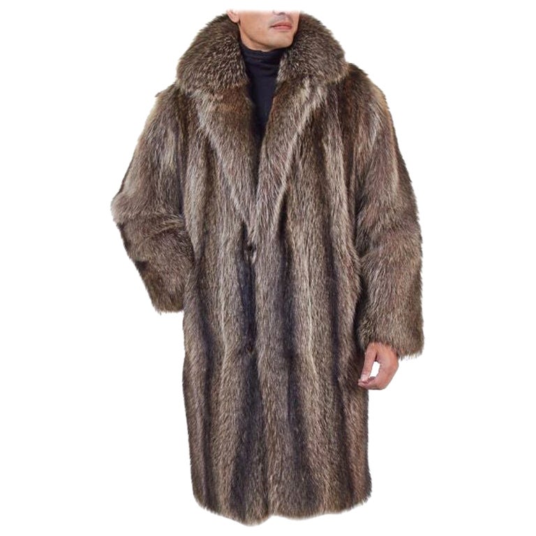 Manteau de fourrure de raton laveur neuf pour homme, taille L en vente
