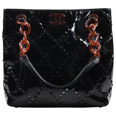 Chanel Black Patent Leather Perforated Chain Strap Bag