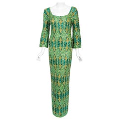 Vintage 1960's Beaded Sequin Green Graphic Stretch-Knit Hourglass Evening Gown