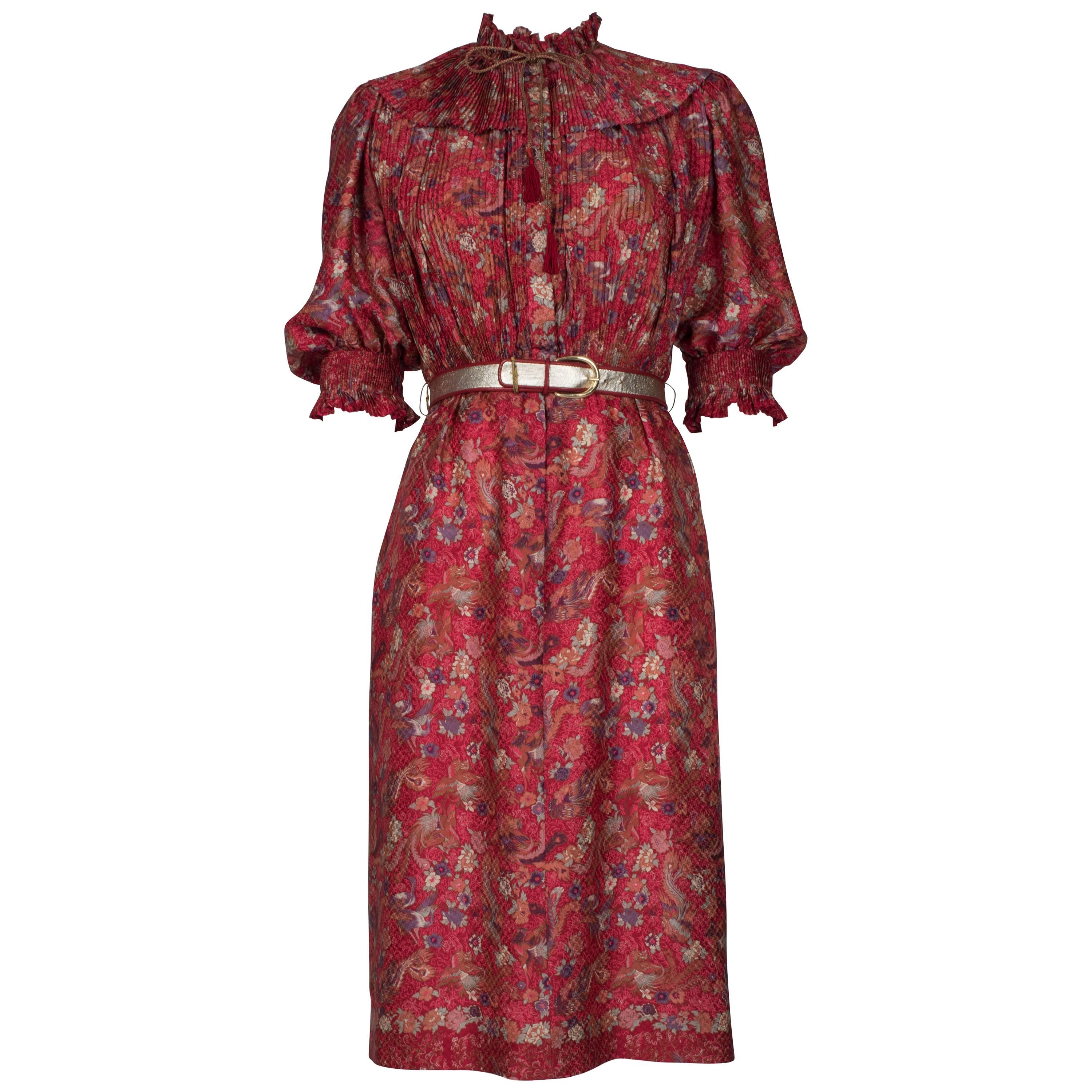 1980's Emanuel Ungaro Crimson Herron Print Dress & Jacket For Sale