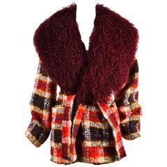 Vinteage Emanuel Ungaro Parallele Red Mongolian Fur Trimmed LS Plaid Wrap Jacket