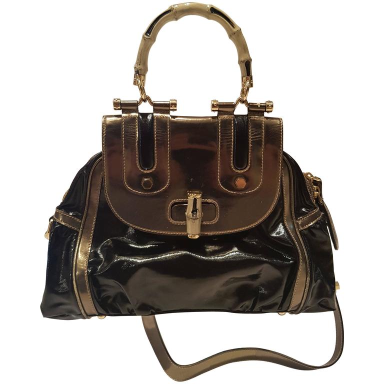 1990s Gucci Bamboo black metallic silver bag For Sale at 1stdibs