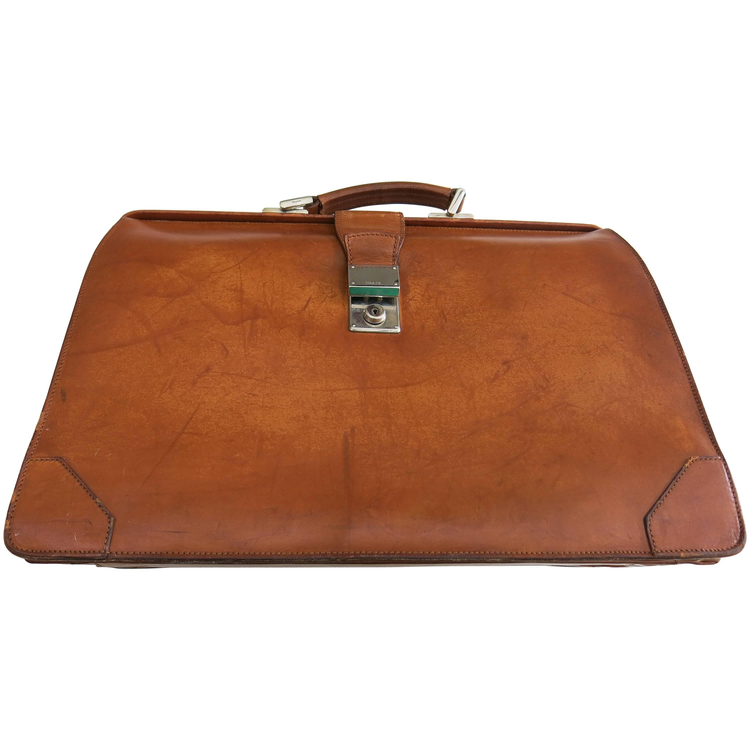 Prada Brown Leather Top Handle Carry-On Bag
