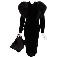 1940's Luxurious Black Velvet & Fox-Fur Hourglass Belted Skirt Suit Ensemble